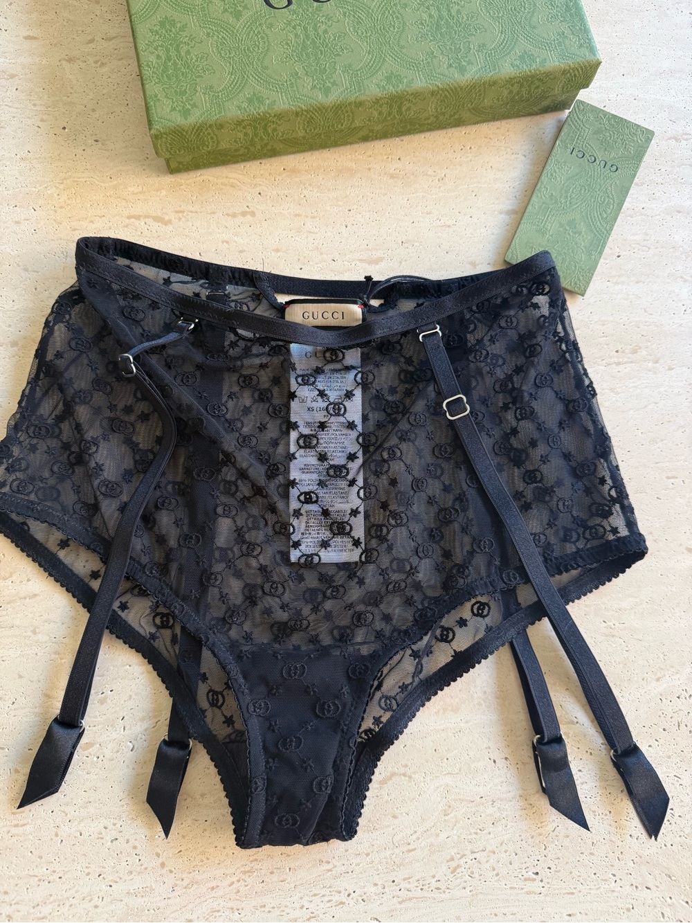 NWT GUCCI  Black GG Star Tulle Garter Panties Size/ XS - Picture 12 of 16